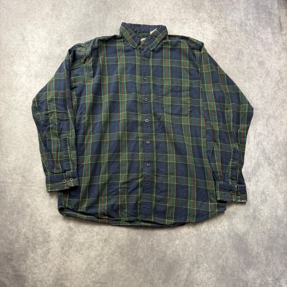 LL Bean Mens Flannel Shirt Medium Regular Green Blue Plaid Cotton Button Up